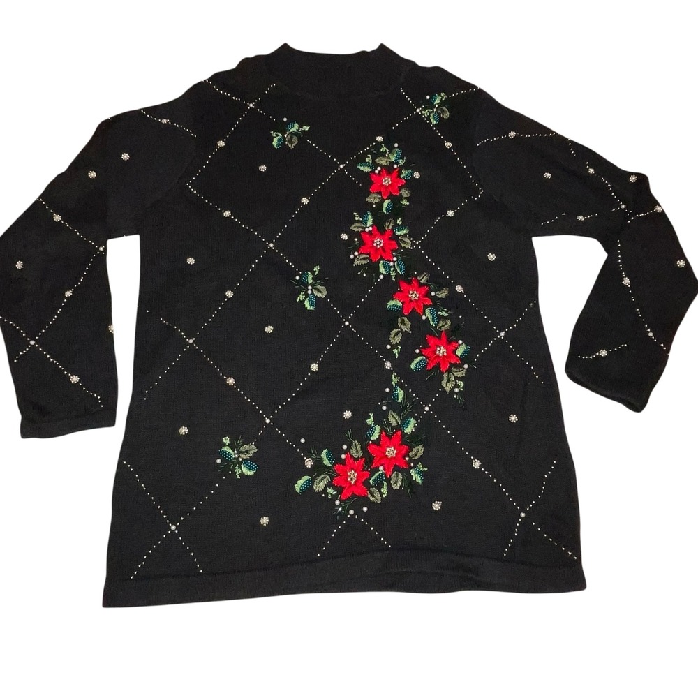 Vintage‎ Black Holiday Poinsettia Beaded Embellished Sweater Women's Size Large